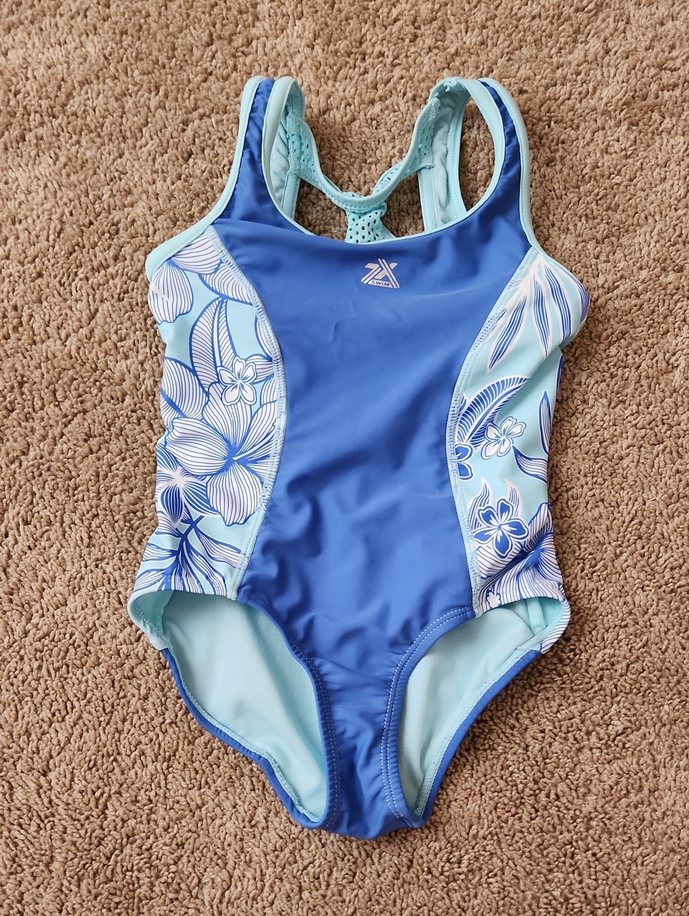 ZeroXposur Blue One-Piece Swimsuit with Light Aqua Floral Panels